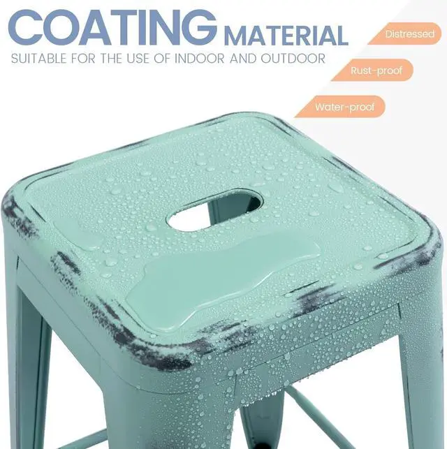 Alt view image 4 of 7 - Vogue Furniture Direct 24 Inch Metal Bar Stools, Backless Counter Height Barstools, Indoor Outdoor Stackable Stools with Square Seat, Set of 2 (Distressed Mint Green)