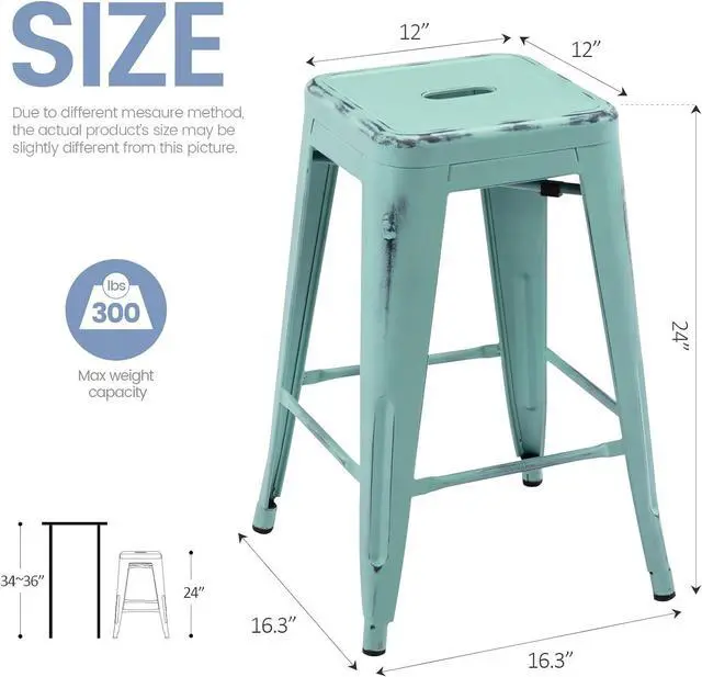 Alt view image 3 of 7 - Vogue Furniture Direct 24 Inch Metal Bar Stools, Backless Counter Height Barstools, Indoor Outdoor Stackable Stools with Square Seat, Set of 2 (Distressed Mint Green)