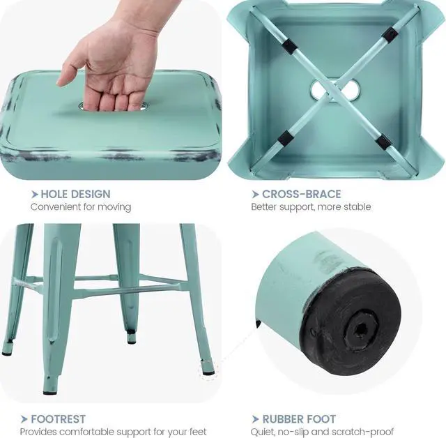 Alt view image 5 of 7 - Vogue Furniture Direct 24 Inch Metal Bar Stools, Backless Counter Height Barstools, Indoor Outdoor Stackable Stools with Square Seat, Set of 2 (Distressed Mint Green)