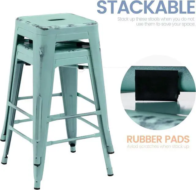 Alt view image 6 of 7 - Vogue Furniture Direct 24 Inch Metal Bar Stools, Backless Counter Height Barstools, Indoor Outdoor Stackable Stools with Square Seat, Set of 2 (Distressed Mint Green)