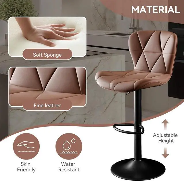 Alt view image 3 of 7 - Bar Stools Set of 4,Adjustable Swivel Barstools, Faux Leather Bar Chairs,Upholstered Counter Height with High Backrest for Kitchen Island,Light Brown