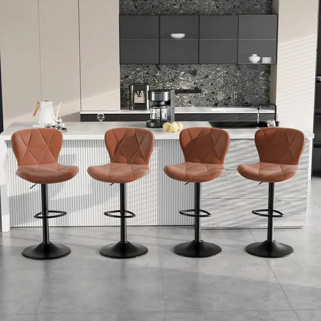 Alt view image 7 of 7 - Bar Stools Set of 4,Adjustable Swivel Barstools, Faux Leather Bar Chairs,Upholstered Counter Height with High Backrest for Kitchen Island,Light Brown