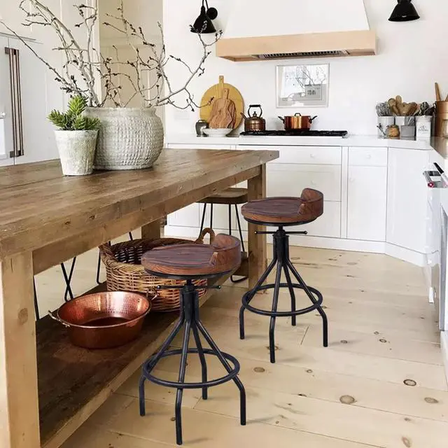 Alt view image 6 of 6 - Set of 2 Industrial Bar Stools with Mini Backrest Swivel Wooden Seat Counter Height Adjustable 24.4-30.3inch Kitchen Dining Chair