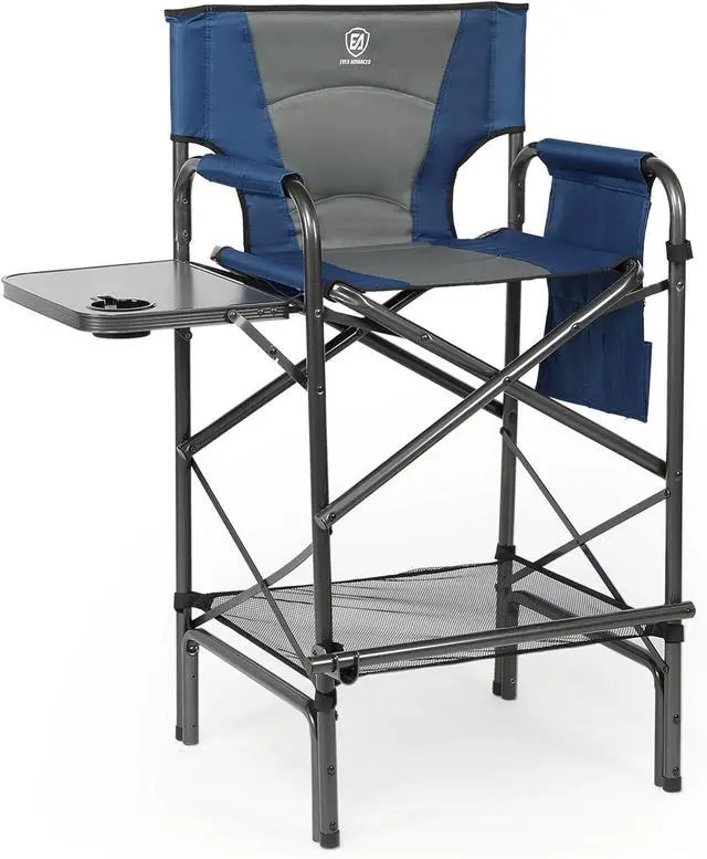 Main image of EVER ADVANCED Tall Folding Chair 30.7" Seat Height Directors Chair High Foldable Bar Stool for Makeup Artist Face Painting with Side Table Cup Holder and Storage Pocket Supports 350LBS (Blue/Grey)