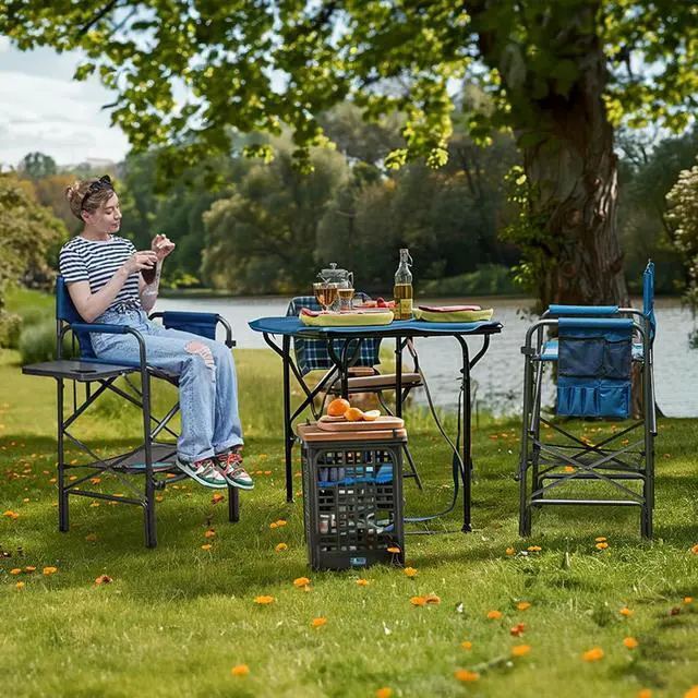 Alt view image 2 of 7 - EVER ADVANCED Tall Folding Chair 30.7" Seat Height Directors Chair High Foldable Bar Stool for Makeup Artist Face Painting with Side Table Cup Holder and Storage Pocket Supports 350LBS (Blue/Grey)