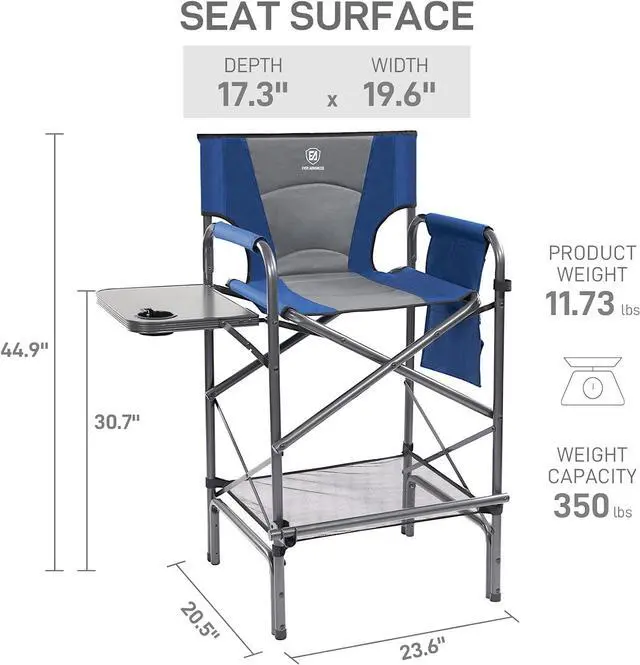 Alt view image 3 of 7 - EVER ADVANCED Tall Folding Chair 30.7" Seat Height Directors Chair High Foldable Bar Stool for Makeup Artist Face Painting with Side Table Cup Holder and Storage Pocket Supports 350LBS (Blue/Grey)