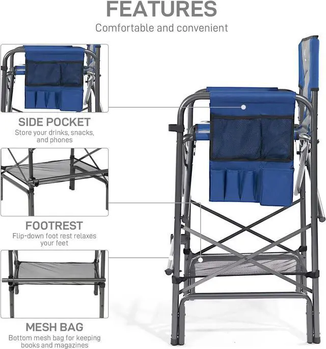 Alt view image 6 of 7 - EVER ADVANCED Tall Folding Chair 30.7" Seat Height Directors Chair High Foldable Bar Stool for Makeup Artist Face Painting with Side Table Cup Holder and Storage Pocket Supports 350LBS (Blue/Grey)