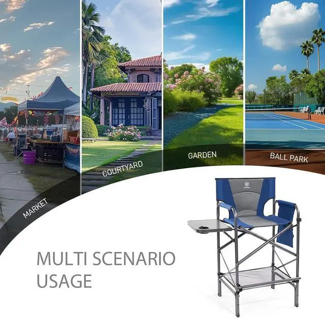 Alt view image 7 of 7 - EVER ADVANCED Tall Folding Chair 30.7" Seat Height Directors Chair High Foldable Bar Stool for Makeup Artist Face Painting with Side Table Cup Holder and Storage Pocket Supports 350LBS (Blue/Grey)