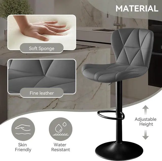 Alt view image 3 of 7 - Bar Stools Set of 4,Adjustable Swivel Barstools, Faux Leather Bar Chairs,Upholstered Counter Height with High Backrest for Kitchen Island, Grey