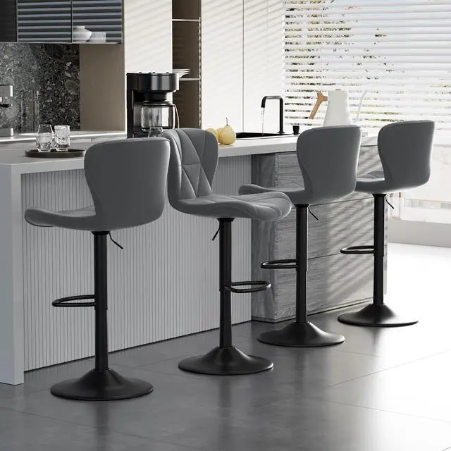 Alt view image 6 of 7 - Bar Stools Set of 4,Adjustable Swivel Barstools, Faux Leather Bar Chairs,Upholstered Counter Height with High Backrest for Kitchen Island, Grey