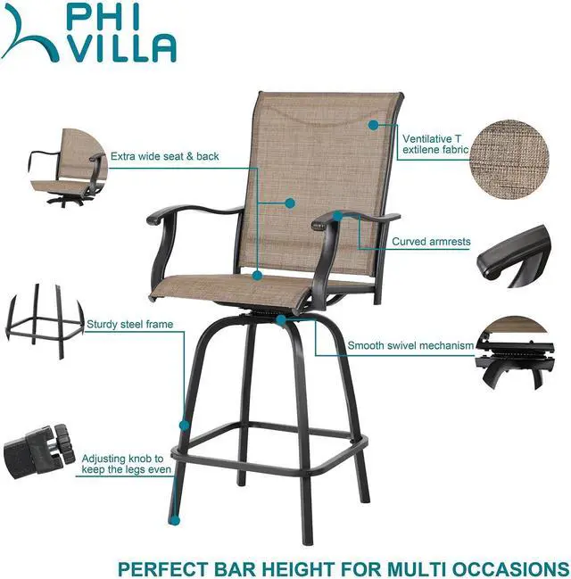 Alt view image 4 of 7 - PHI VILLA 3 PCS Patio Swivel Bar Set Outdoor Furniture Bar Height Bistro Set, 2 Bar Stools and 1 Table, High Top Table and Chairs Set of 2 for Garden Porch Backyard