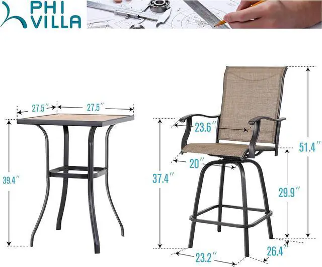 Alt view image 7 of 7 - PHI VILLA 3 PCS Patio Swivel Bar Set Outdoor Furniture Bar Height Bistro Set, 2 Bar Stools and 1 Table, High Top Table and Chairs Set of 2 for Garden Porch Backyard