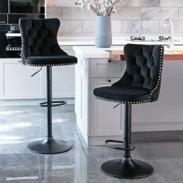 Alt view image 2 of 6 - Swivel Counter Height Bar Stools Set of 4, Black Kitchen Island Barstools, Velvet Adjustable Bar Height Stool Chairs, Tufted Back, Black Metal Base, Sillas para Barra de Cocina (Black, Velvet, 4 Pcs)