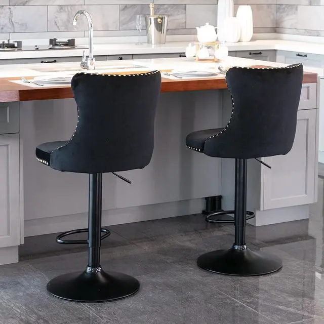 Alt view image 4 of 6 - Swivel Counter Height Bar Stools Set of 4, Black Kitchen Island Barstools, Velvet Adjustable Bar Height Stool Chairs, Tufted Back, Black Metal Base, Sillas para Barra de Cocina (Black, Velvet, 4 Pcs)