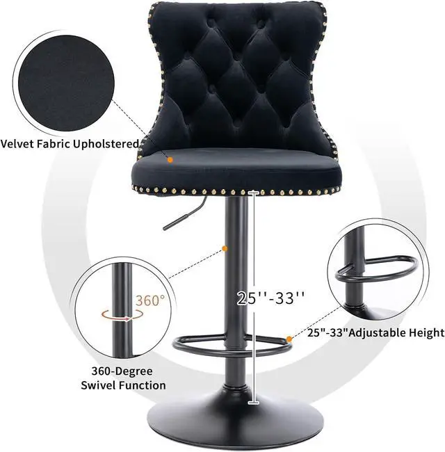 Alt view image 5 of 6 - Swivel Counter Height Bar Stools Set of 4, Black Kitchen Island Barstools, Velvet Adjustable Bar Height Stool Chairs, Tufted Back, Black Metal Base, Sillas para Barra de Cocina (Black, Velvet, 4 Pcs)