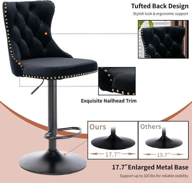 Alt view image 6 of 6 - Swivel Counter Height Bar Stools Set of 4, Black Kitchen Island Barstools, Velvet Adjustable Bar Height Stool Chairs, Tufted Back, Black Metal Base, Sillas para Barra de Cocina (Black, Velvet, 4 Pcs)