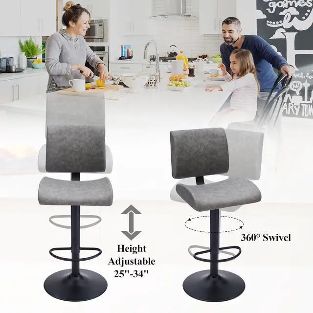 Alt view image 4 of 7 - Bar Stools Set of 4,Gray Swivel Bar Stools with Backs,Adjustable Bar Stools 25"-34" Height,Modern Counter Height Bar Stools Set of 4 for Kitchen Island (Gray, 4PCS)