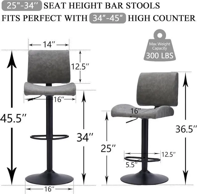 Alt view image 3 of 7 - Bar Stools Set of 4,Gray Swivel Bar Stools with Backs,Adjustable Bar Stools 25"-34" Height,Modern Counter Height Bar Stools Set of 4 for Kitchen Island (Gray, 4PCS)