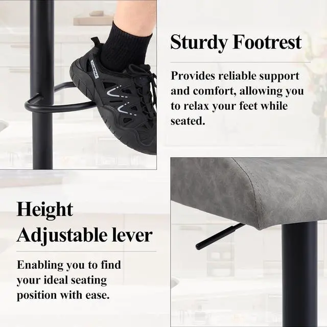 Alt view image 6 of 7 - Bar Stools Set of 4,Gray Swivel Bar Stools with Backs,Adjustable Bar Stools 25"-34" Height,Modern Counter Height Bar Stools Set of 4 for Kitchen Island (Gray, 4PCS)