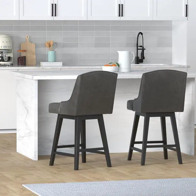 Alt view image 2 of 7 - CHITA Counter Height Swivel Barstools, FSC Certified Upholstered Faux Leather Bar Stools Set of 2, 26" Seat Height, Retro Grey