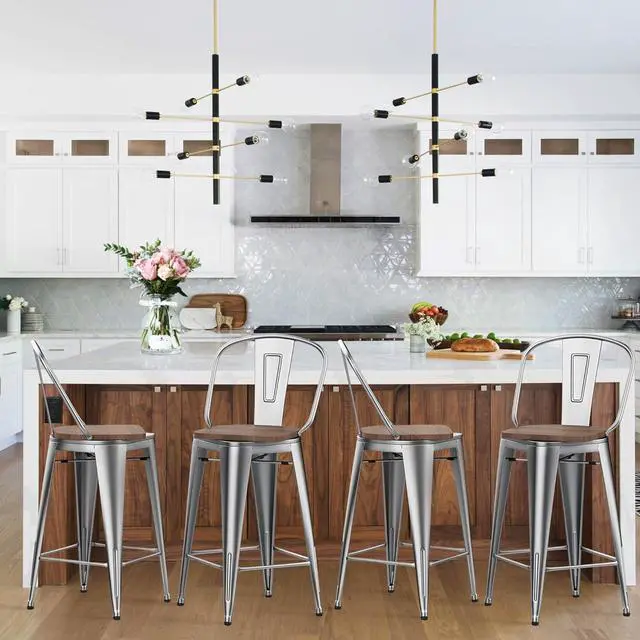 Alt view image 3 of 7 - HAOBO Home 24" Swivel Metal Bar Stools High Back Counter Height Stools Industrial Barstools Dinning Chairs Set of 4 (Silver with Wooden Seat)