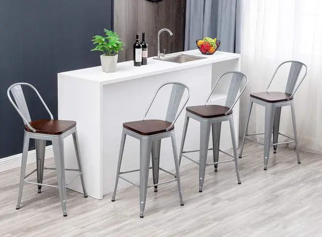 Alt view image 4 of 7 - HAOBO Home 24" Swivel Metal Bar Stools High Back Counter Height Stools Industrial Barstools Dinning Chairs Set of 4 (Silver with Wooden Seat)