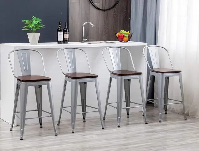Alt view image 6 of 7 - HAOBO Home 24" Swivel Metal Bar Stools High Back Counter Height Stools Industrial Barstools Dinning Chairs Set of 4 (Silver with Wooden Seat)
