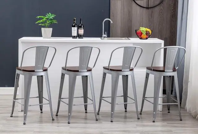 Alt view image 5 of 7 - HAOBO Home 24" Swivel Metal Bar Stools High Back Counter Height Stools Industrial Barstools Dinning Chairs Set of 4 (Silver with Wooden Seat)