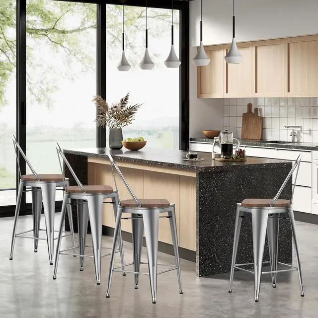 Alt view image 7 of 7 - HAOBO Home 24" Swivel Metal Bar Stools High Back Counter Height Stools Industrial Barstools Dinning Chairs Set of 4 (Silver with Wooden Seat)