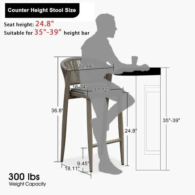 Alt view image 2 of 7 - PURPLE LEAF Counter Height Bar Stool Set of 2 Modern Aluminum Rattan Wicker Outdoor Barstools with Backrest and Cushion for Kitchen Lawn Pool Bar Chairs Grey