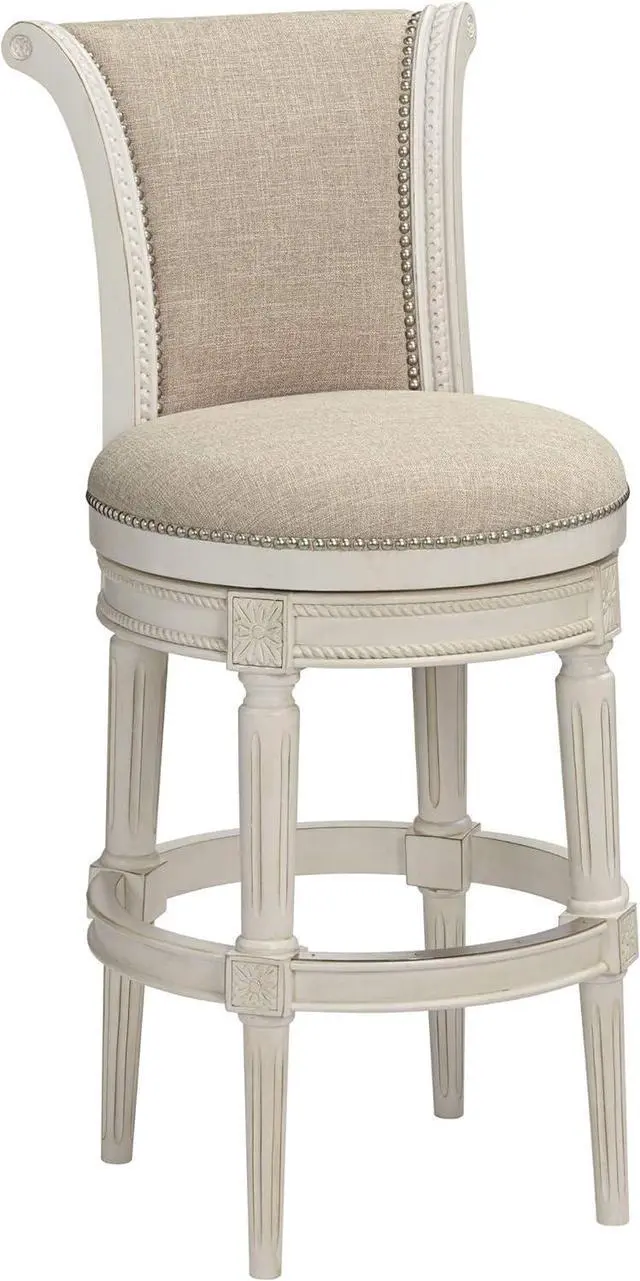 Main image of 55 Downing Street Oliver Wood Swivel Bar Stool White 30 1/2" High Vintage Traditional Scroll Cream Woven Fabric Round Cushion with Backrest Footrest for Kitchen Counter Height Island Home Shed