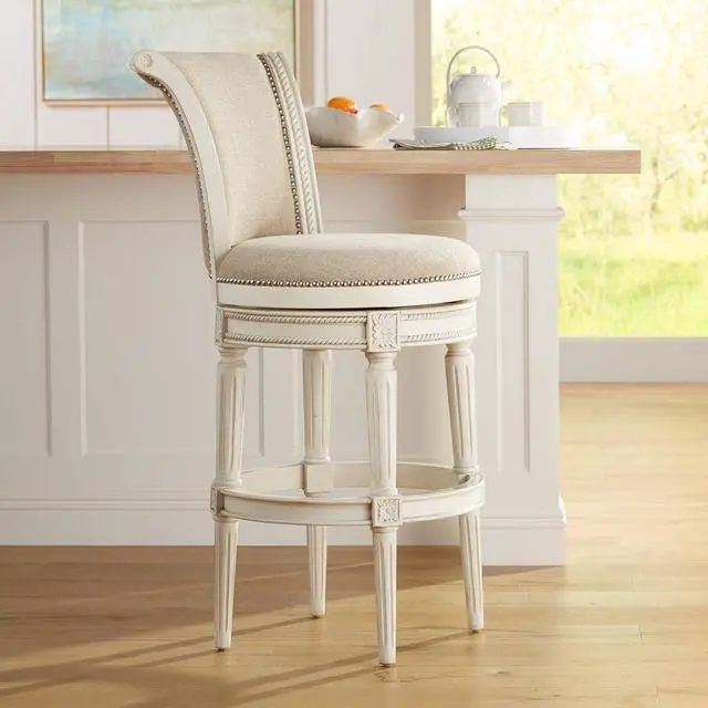 Alt view image 2 of 7 - 55 Downing Street Oliver Wood Swivel Bar Stool White 30 1/2" High Vintage Traditional Scroll Cream Woven Fabric Round Cushion with Backrest Footrest for Kitchen Counter Height Island Home Shed