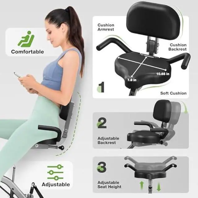 Alt view image 4 of 5 - Exercise Bike, 5 in 1 Foldable Stationary Bike for Seniors, 8-Level Adjustable Magentic Resistance, Indoor Recumbent Bike with 330LB Capacity, Comfortable Seat Backrest