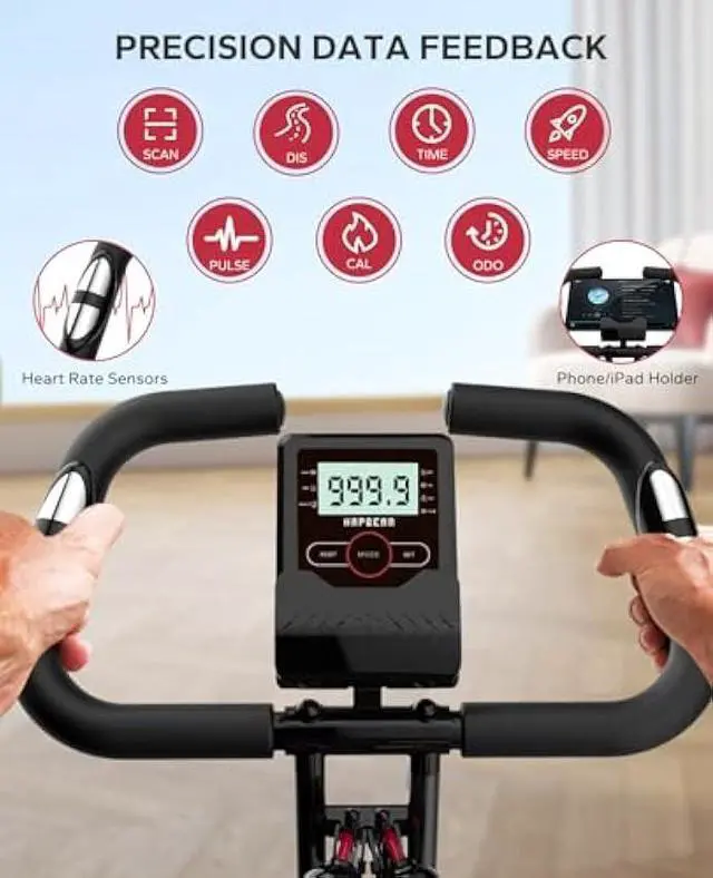 Alt view image 4 of 5 - HAPBEAR Folding Exercise Bike Magnetic Foldable Stationary Bike, 3 in 1 Mode Indoor Upright Fitness Workout X-Bike with 8-Level Resistance and Arm Resistance Band, Pulse Sensor,LCD Monitor
