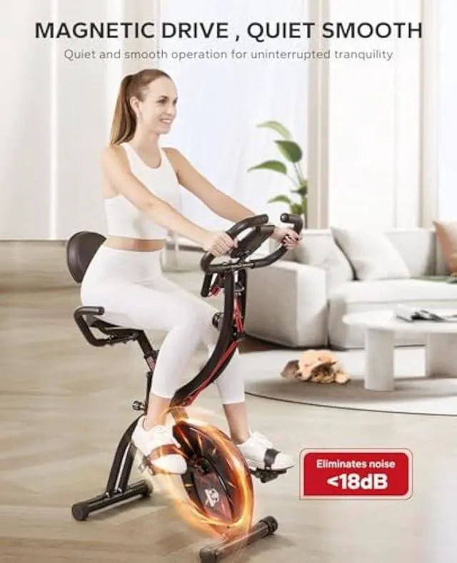 Alt view image 5 of 5 - HAPBEAR Folding Exercise Bike Magnetic Foldable Stationary Bike, 3 in 1 Mode Indoor Upright Fitness Workout X-Bike with 8-Level Resistance and Arm Resistance Band, Pulse Sensor,LCD Monitor