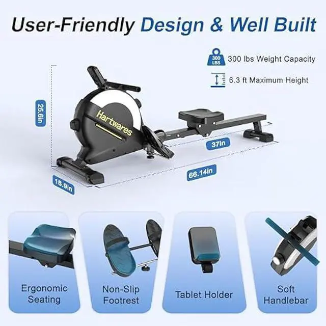 Alt view image 5 of 5 - Rowing Machines for Home,Hartwares Magnetic Rowing Machine with 77lbs High Resistance Rowing Machine,16 Levels of Quiet Resistance,Rower Machine for Home Row Machine,App Compatible,LCD Monitor