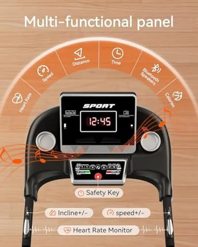 Alt view image 3 of 5 - Treadmills for Home, Treadmill with 0-15% Auto Incline, 3HP Folding Treadmills for Running Walking with 300LBS Weight Capacity, Incline Treadmill Equipped with Bluetooth & Pulse Monitor