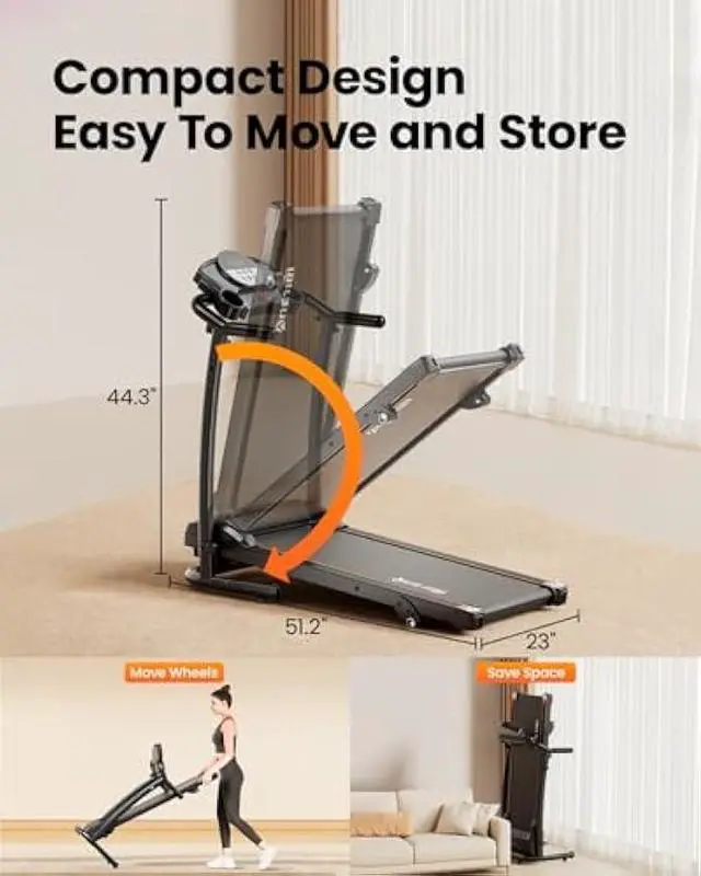 Alt view image 6 of 6 - Treadmills for Home, 3.0HP Folding Treadmill with Incline, Small Space Portable Running Machine, 240 Lbs Capacity with 12 Preset PROG, LED Display, Speaker and Cup Holder
