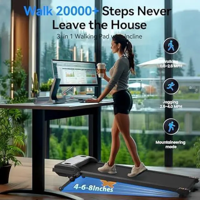 Alt view image 2 of 5 - Walking Pad with Incline, 2.5HP Under Desk Treadmill, 3 in 1 Portable Treadmill with Remote Control, LED Display, Hidden Safety Switch, Mini Walking Jogging Machine for Home Office