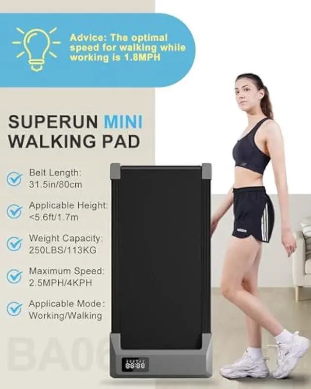 Alt view image 2 of 5 - SupeRun Walking Pad, Under Desk Treadmill, 3 in 1 Portable Treadmill with Remote Control LED Display, 2.5 HP Quiet Walking Jogging Machine for Office Home Use, 250 Lbs Capacity