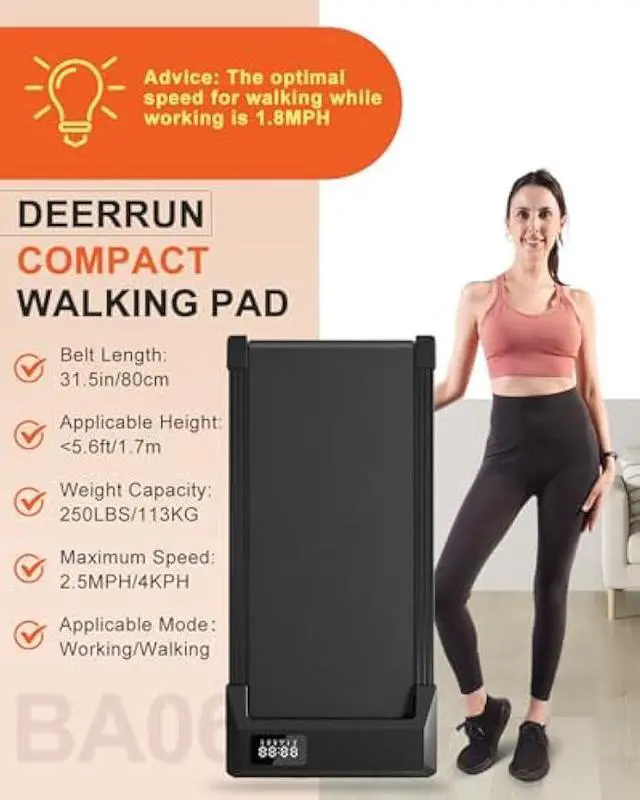 Alt view image 2 of 5 - DeerRun 2024 Upgrade Walking Pad, Smart Under Desk Treadmill for Home Office, No-Assembly Treadmills with APP and Remote Control, LED Display, 2.5 HP Quiet Walking Jogging Machine, 250 lbs Capacity
