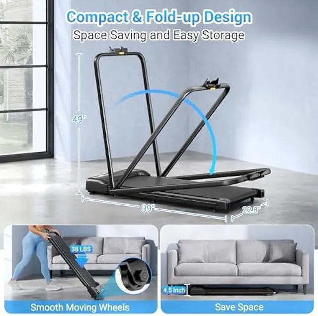 Alt view image 5 of 6 - THERUN Walking Pad, 2.5 HP Under Desk, 2 in 1 Foldable for Home, Walking Pad with Handle Bar, 15 Widened Running Belt with Remote Control & LED Touch Screen