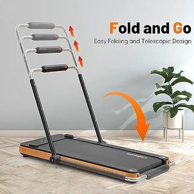 Alt view image 2 of 6 - Maksone Folding Walking Pad, Wood Under Desk Treadmill with Adjustable Handlebar, Foldable Treadmill with Remote Control, Installation-Free