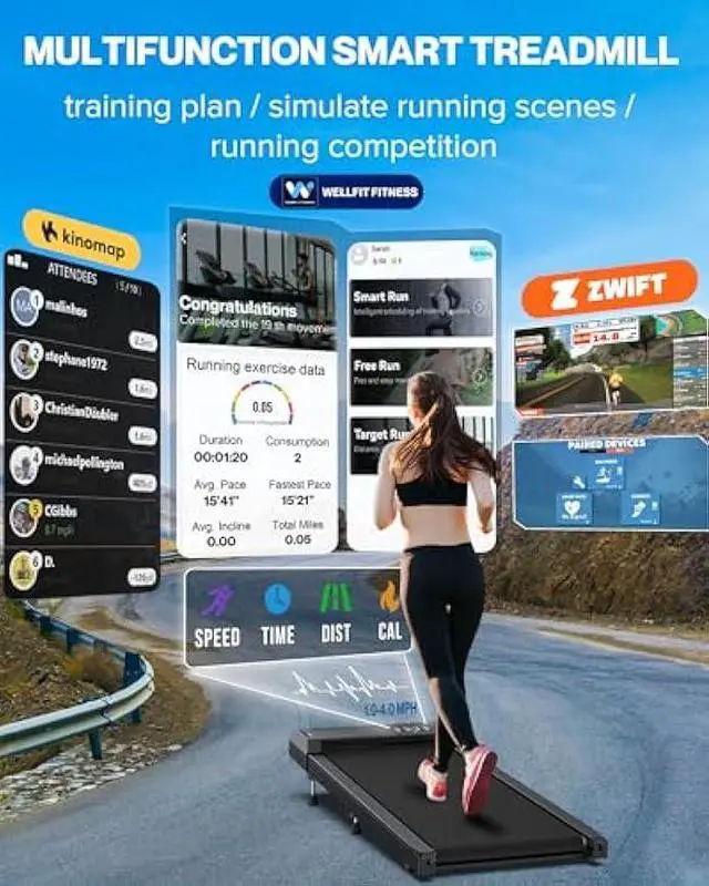 Alt view image 2 of 5 - 10% Incline Walking Pad Treadmill 300 lb Capacity, Under Desk Treadmill for WFH, Voice Controlled Small Desk Treadmill Work with KINOMAP Apple Health, Portable Treadmill for Home,Office, Apartment