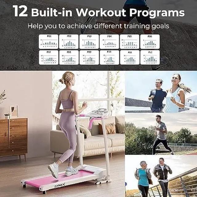 Alt view image 4 of 6 - GYMAX Foldable Treadmill, Freestanding Easy Assembly Folding Treadmill with 12 Preset Programs, LCD Monitor, Built-in Wheels & Pulse Sensor, Portable Compact Running Machine for Small Space
