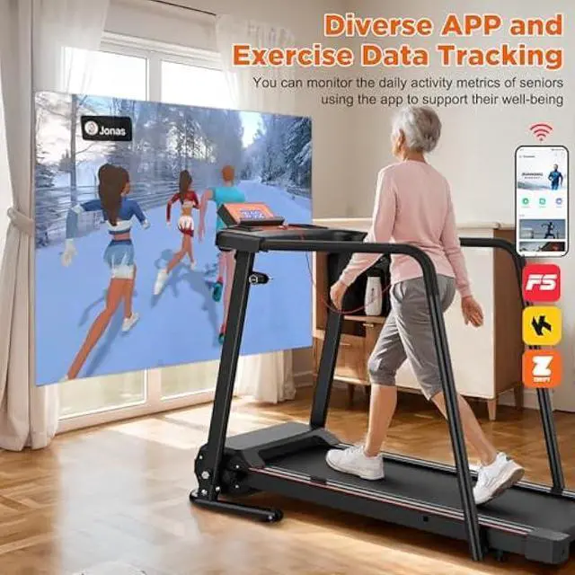 Alt view image 2 of 5 - Walking Treadmill for Senior with Long Handrail Foldable Recovery Fitness Exercise Machine with Cup Holder LCD Display 300 lbs Weight Capacity for Home