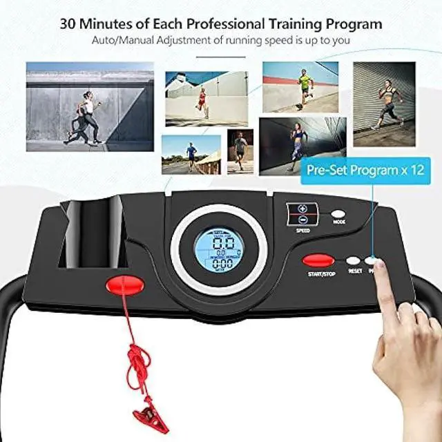 Alt view image 5 of 6 - GYMAX Folding Treadmill, Electric Motorized Running Machine with 12 Preset Programs & LCD Monitor, Compact Home Gym Running Treadmill for Small Space, Cardio Training Fitness Equipment