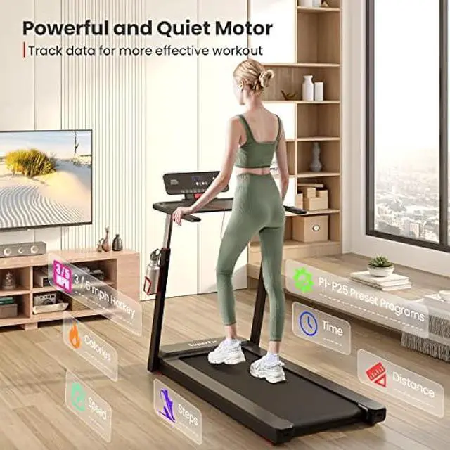 Alt view image 4 of 6 - Goplus 3HP Foldable Treadmill with Desk, Superfit Folding Treadmills for Home Office, Adjustable Height, Bluetooth Speaker, APP Control, LED Display, 25 Preset Programs, Portable Walking Machine