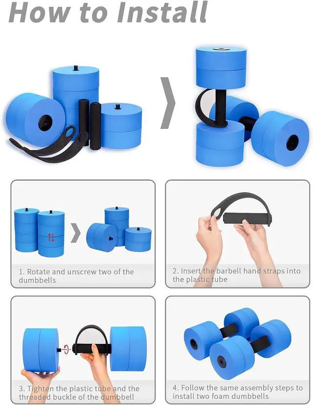 Alt view image 7 of 7 - Hikeen Aquatic Exercise Dumbbells Water Dumbbell Pool Resistance Aquatic Fitness Barbells with 4 High-Density EVA Foam Pool Weights Dumbbells, for Water Aerobics Weight Loss