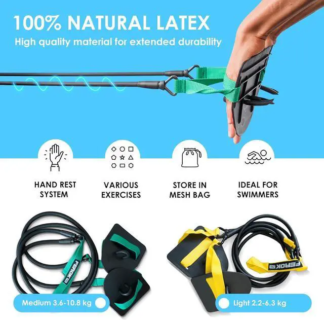 Alt view image 3 of 7 - Swimming Resistance Band Set with Paddles  The Ultimate Swim Training Equipment for Dryland Workout - Resistance Bands & Cords for Swimming - Including Exercise - Light Yellow